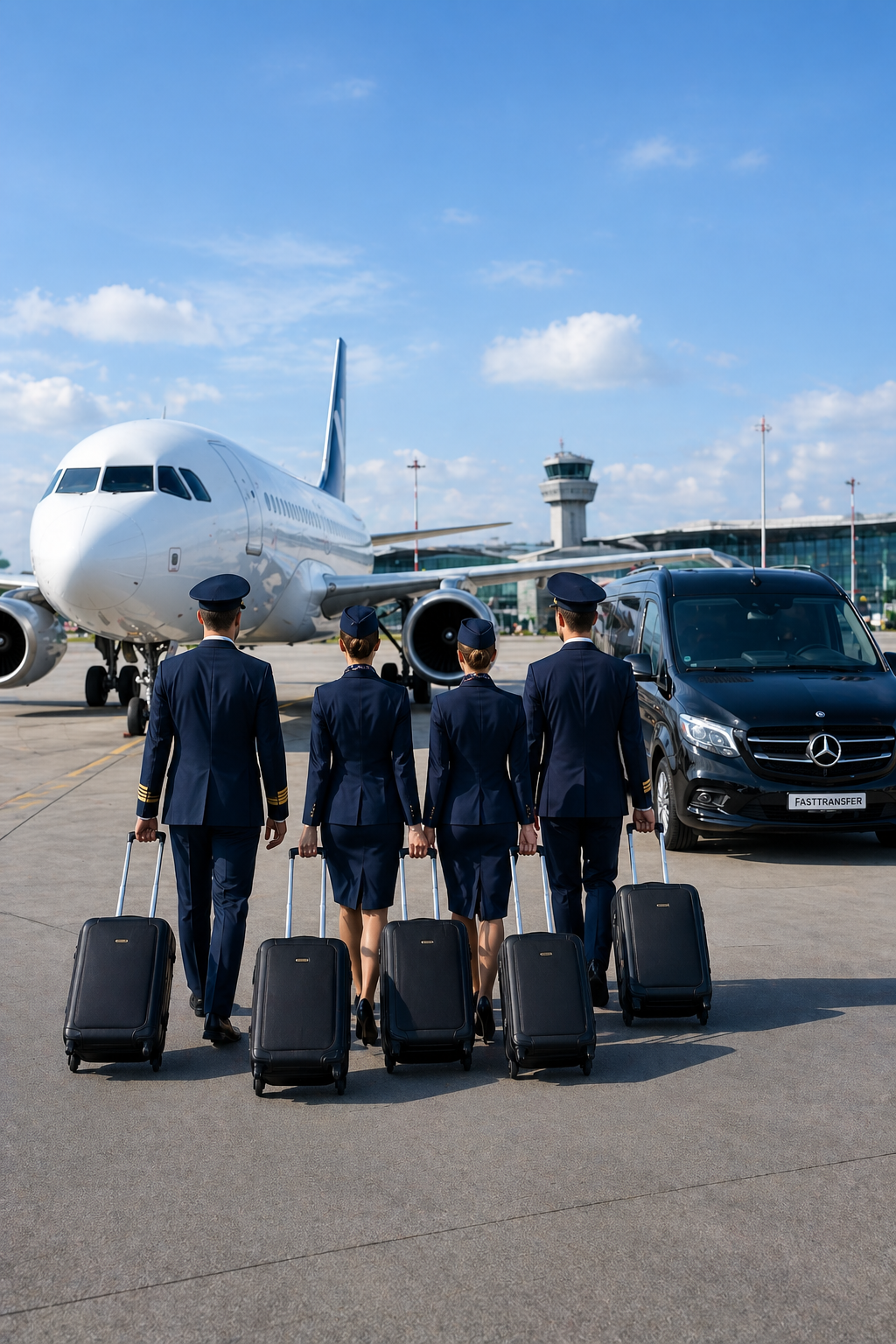 Airline crew walking to aircraft with transfer van